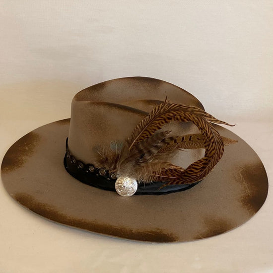 MAKE SOME THUNDER DISTRESSED FASHION WOOL FEDORA HAT WITH LEATHER RIVET BAND, FEATHERS AND SILVER MEDALLION-Animo Hat Company