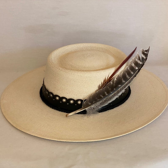 MAKE SOME THUNDER 15X NATURAL STRAW FEDORA HAT, PORK PIE STYLE CROWN WITH LEATHER RIVET BAND AND LARGE FEATHER-Animo Hat Company