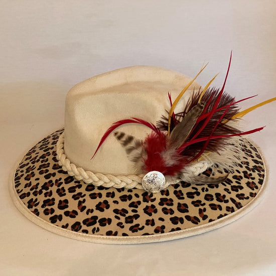 LIVING ON THE WILD SIDE FASHION FELT FEDORA HAT WITH CHEETAH PRINT BRIM, ROPE TRIM AND FEATHERS AND MEDALLION-Animo Hat Company