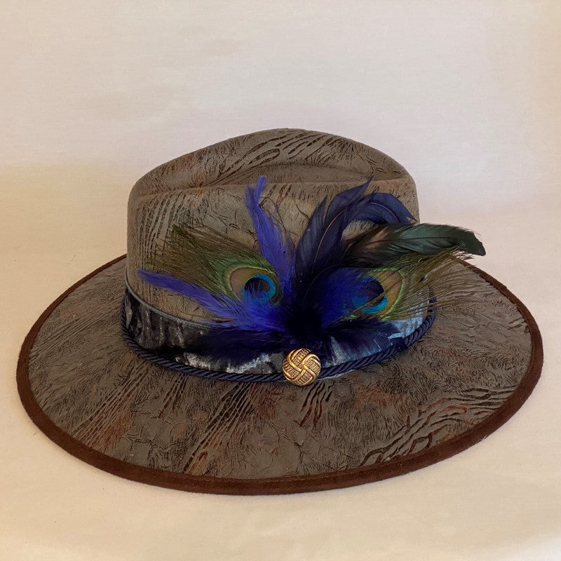LIVING ON THE WILD SIDE FASHION FELT ANIMAL PRINT FEDORA HAT WITH VELVET RIBBON TRIM AND PEACOCK FEATHERS-Animo Hat Company