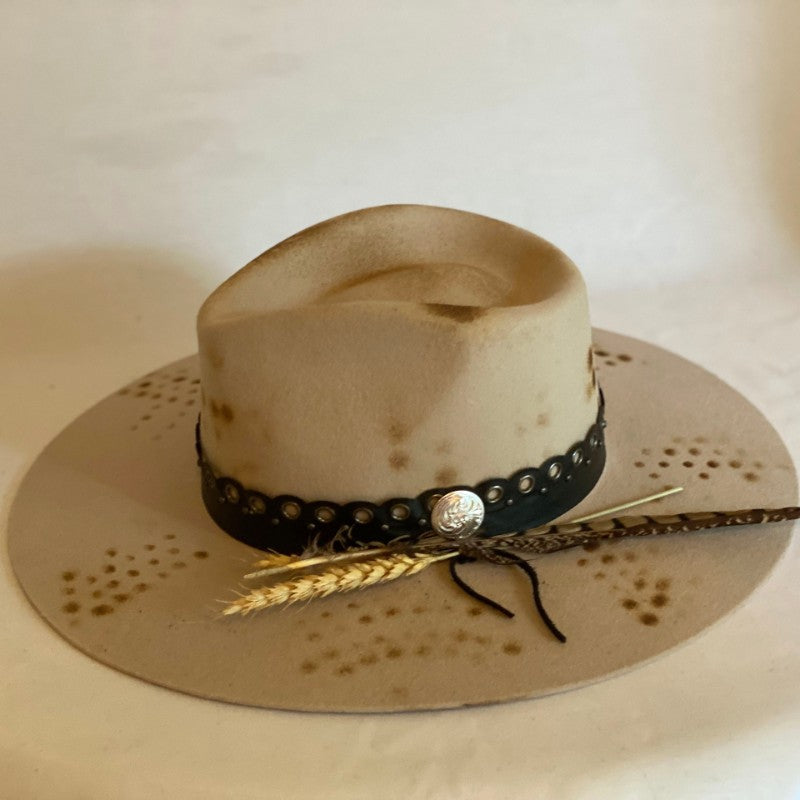 Make Some Thunder - Custom Twister® Distressed Fashion Wool Rancher Hat With Circle Design, Hand Trimmed With Leather Band And Feather-Animo Hat Company