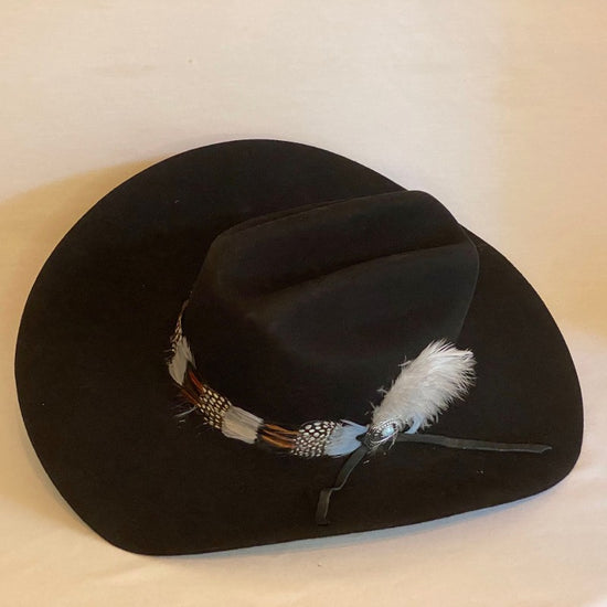 Lydia - Twister® Custom 3X Black Wool Blend Cowboy Hat Hand Trimmed Continuous Feather Band, Turquoise Pin And Feathers-Animo Hat Company
