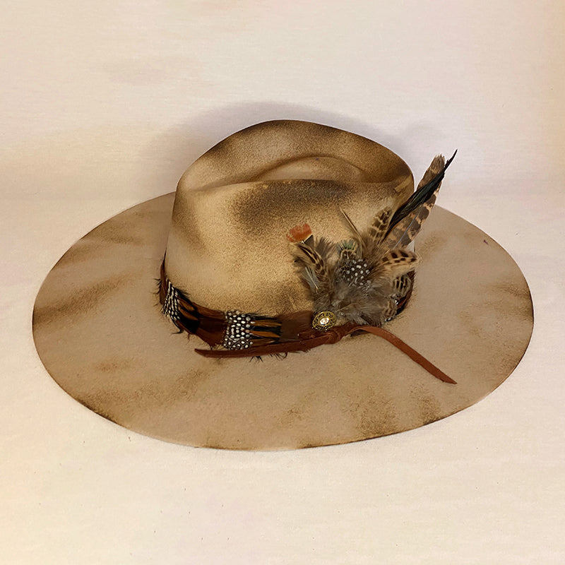 STRONG ENOUGH DISTRESSED FASHION WOOL FEDORA WITH CONTINUOUS FEATHER BAND, FEATHERS AND SHOTGUN SHELL PIN-Animo Hat Company