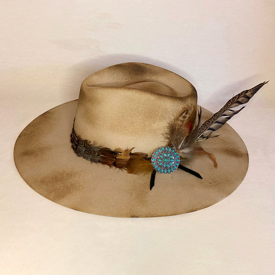 STRONG ENOUGH DISTRESSED FASHION WOOL FEDORA WITH CONTINUOUS FEATHER BAND, FEATHERS AND TURQUOISE PIN-Animo Hat Company