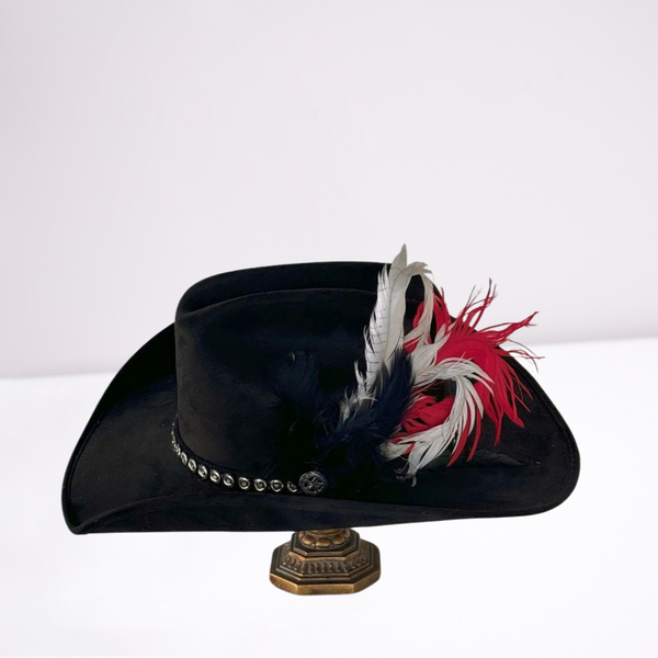THE HAT GENERATION Red, Wide Black Band, Beautiful Feathers, Rhinestone Detail Fancy Wide Brim Leather Hat Red Black and Gold W/2 Large  main image 4