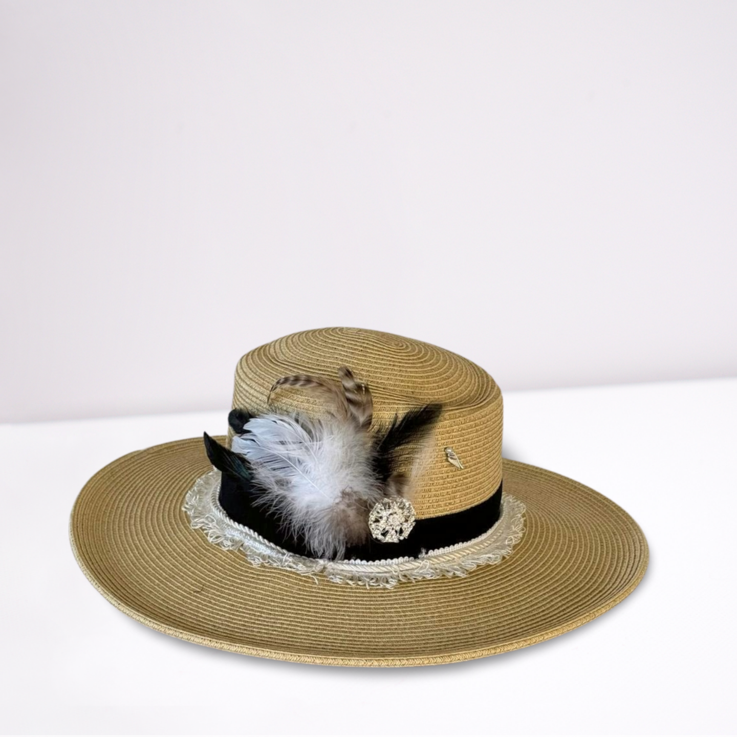 Ribbon Band with Crystal Pin Boater Hat