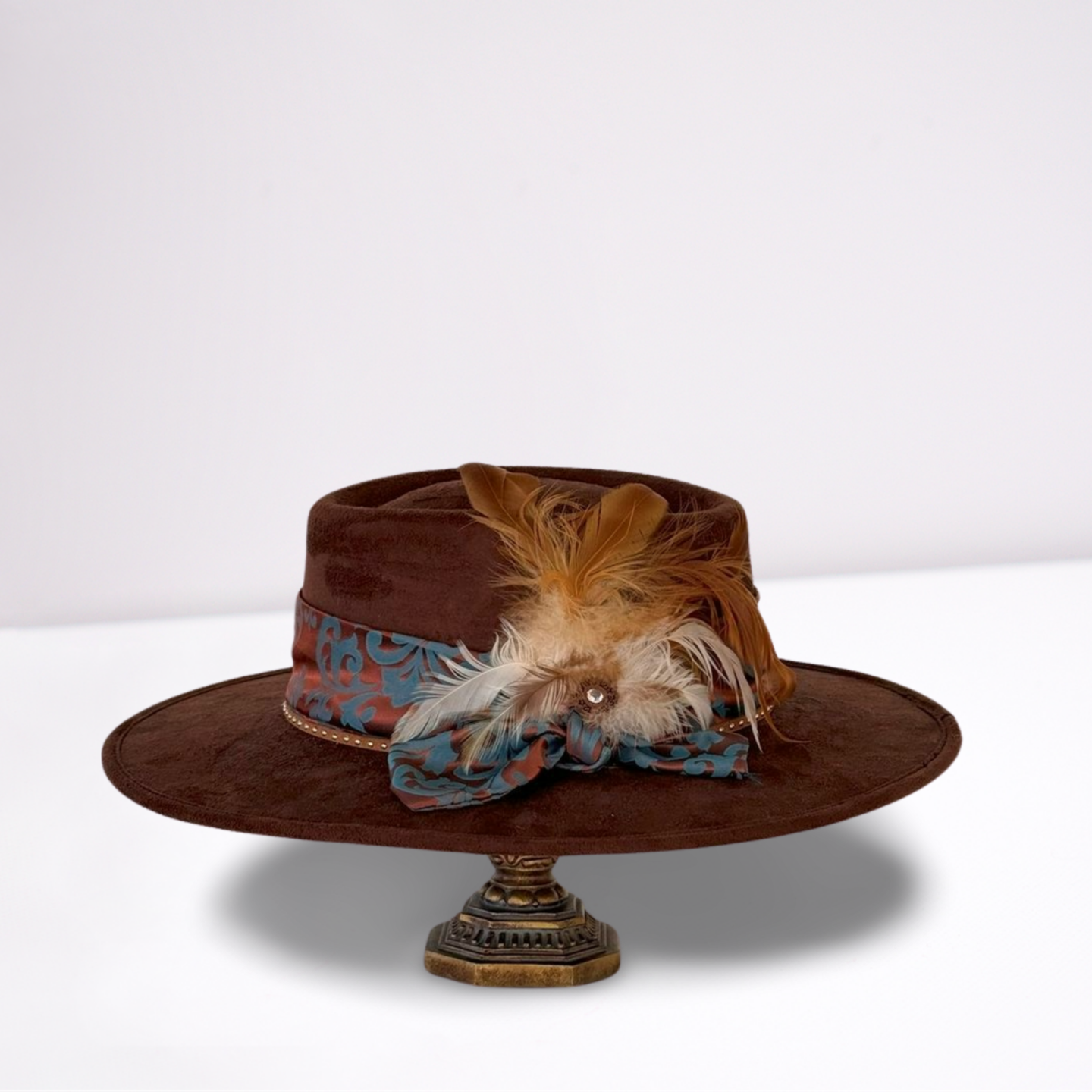 Blue & Copper Silk Jacquard Scarf Band Boater Hat