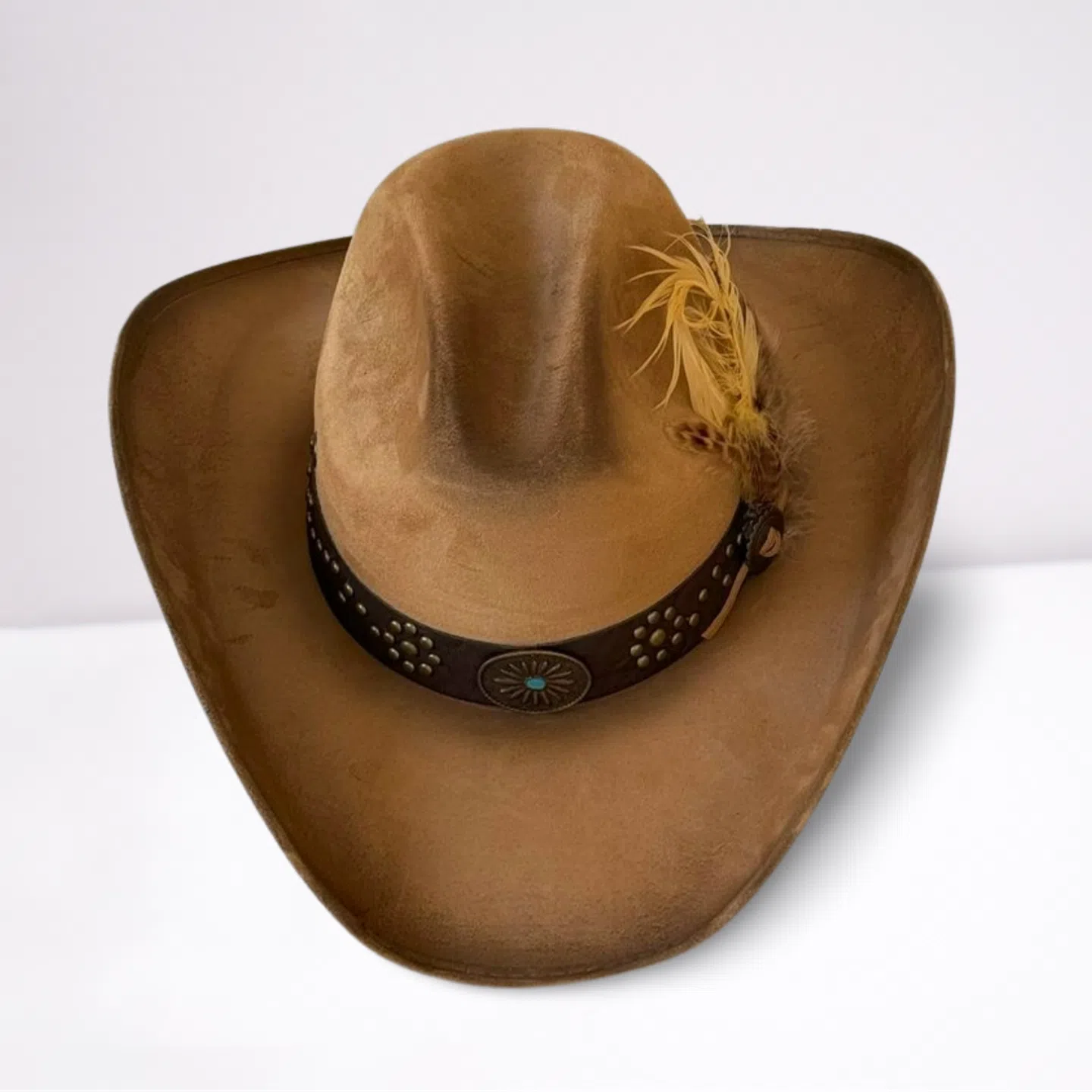 Tan Feathered Leather Band Cowboy Hat