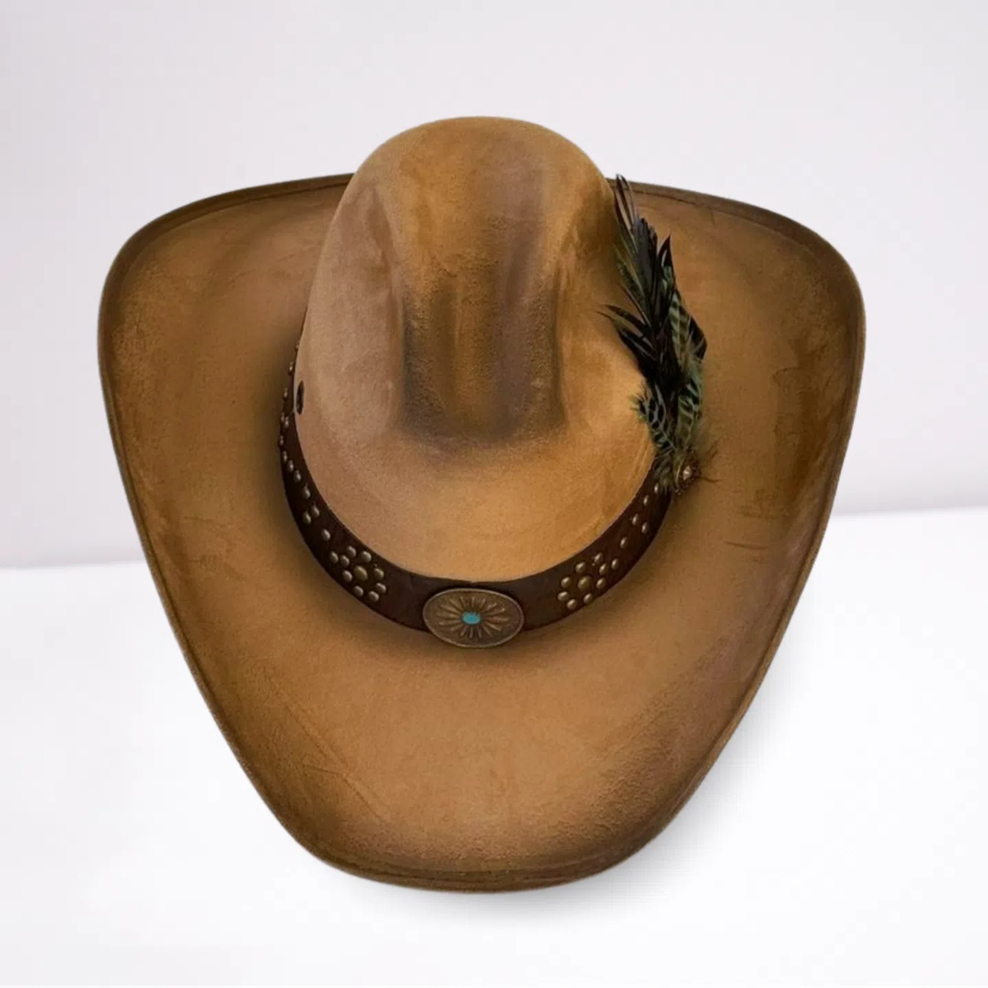 Turquoise Feathered Leather Band Cowboy Hat