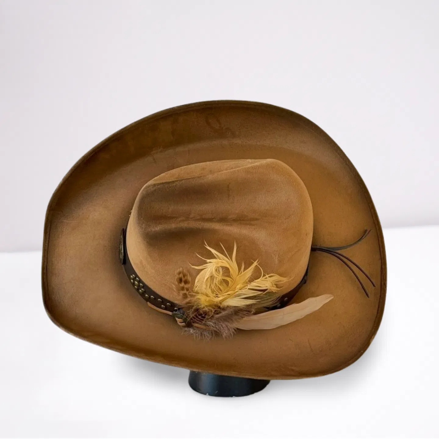 Tan Feathered Leather Band Cowboy Hat