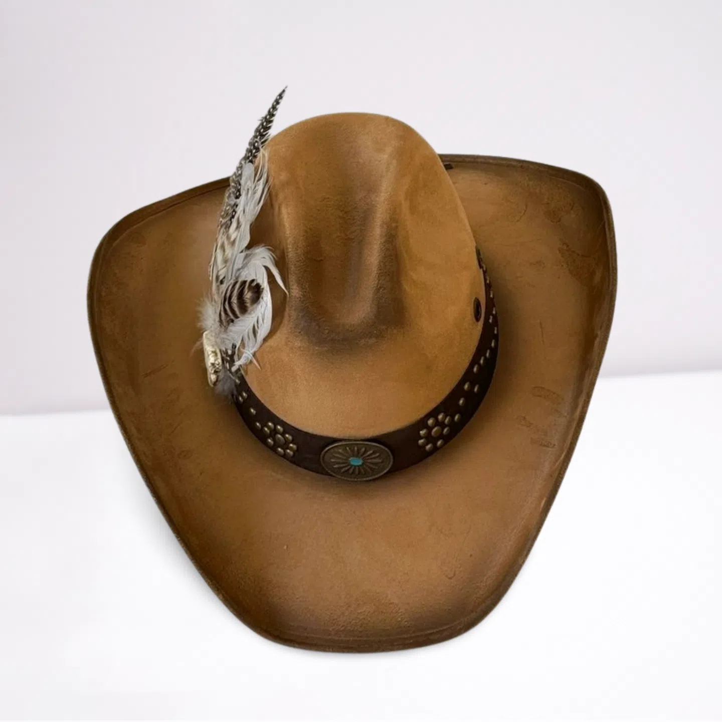 Brown Feathered Leather Band Cowboy Hat