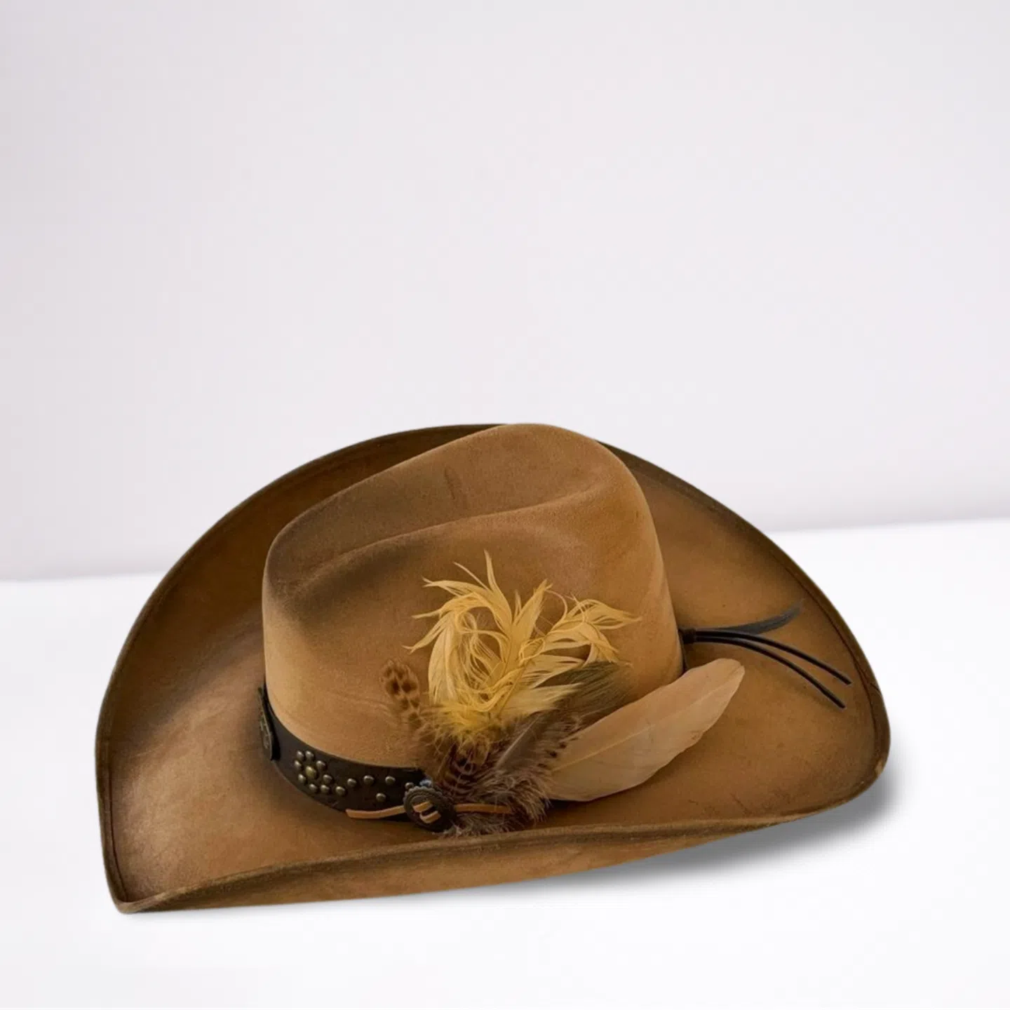 Tan Feathered Leather Band Cowboy Hat