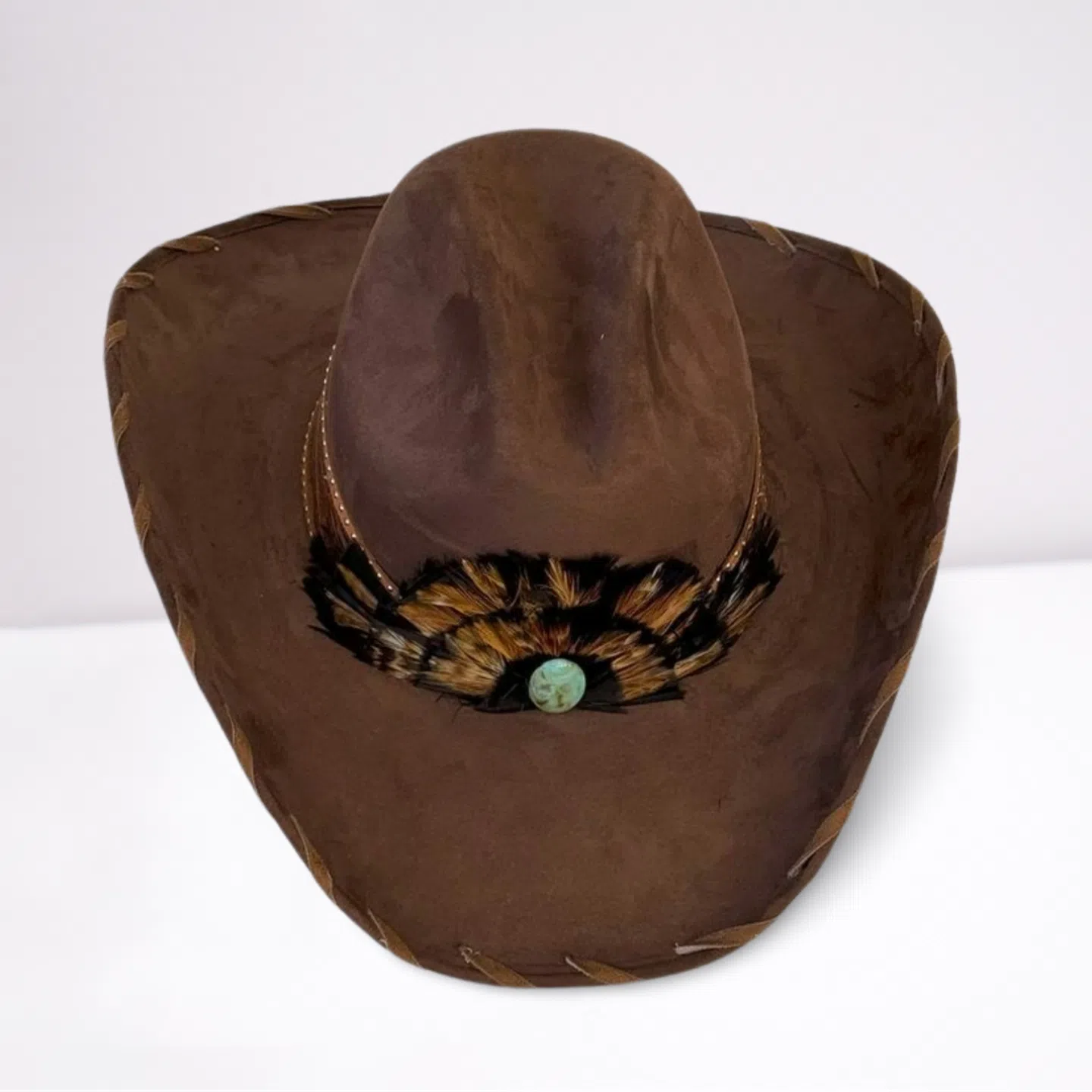 Brown Embossed Leather Band with Shotgun Pin Feathered Cowboy Hat