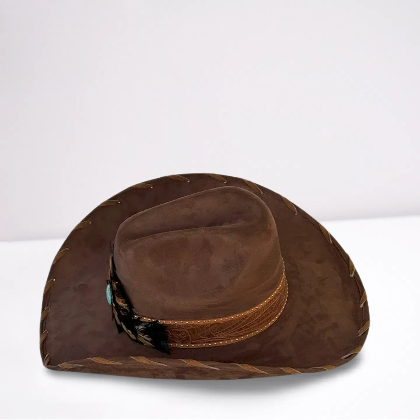 Brown Embossed Leather Band with Shotgun Pin Feathered Cowboy Hat