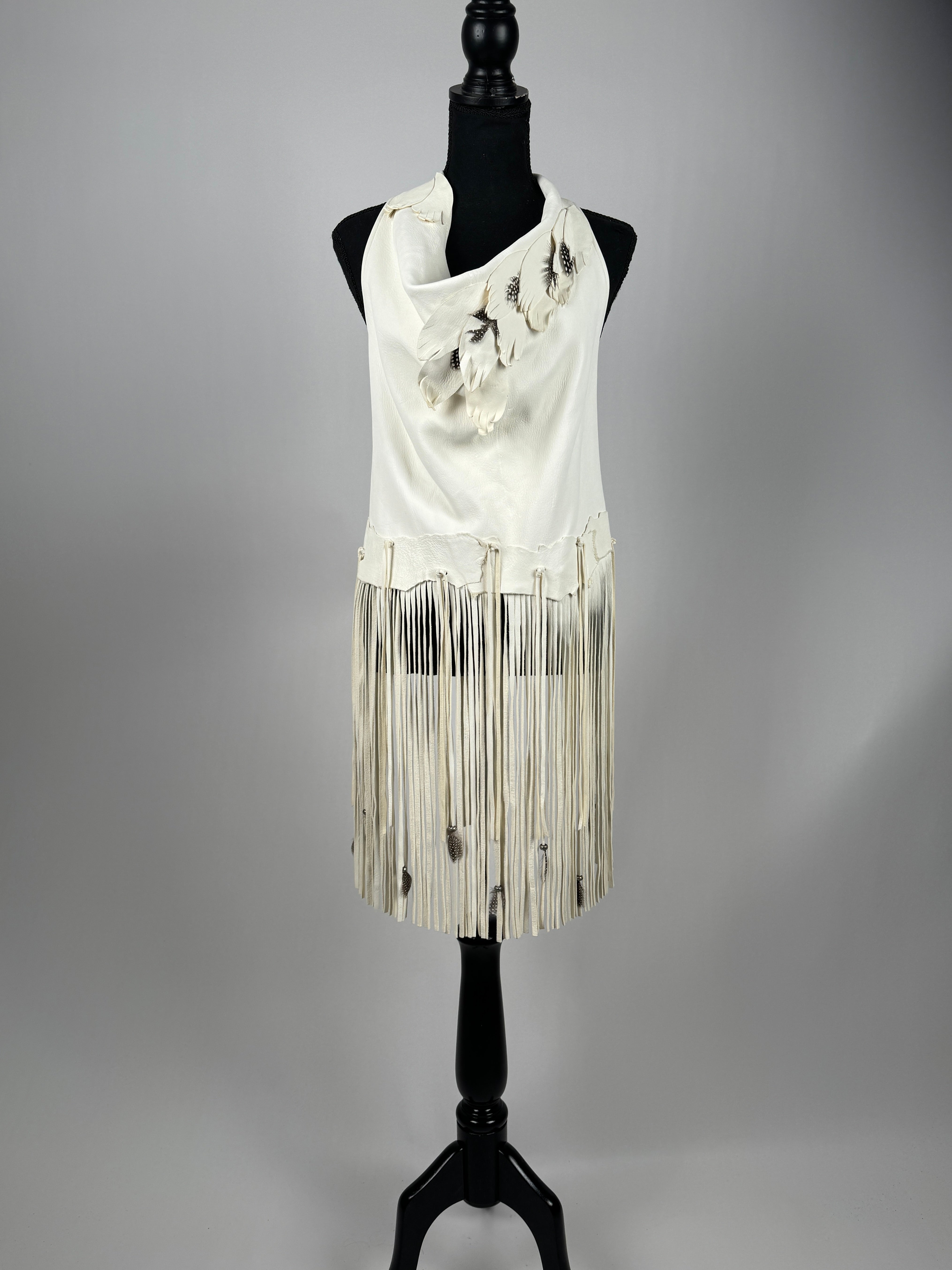 Feathered Leather Cowl Neck Halter Top