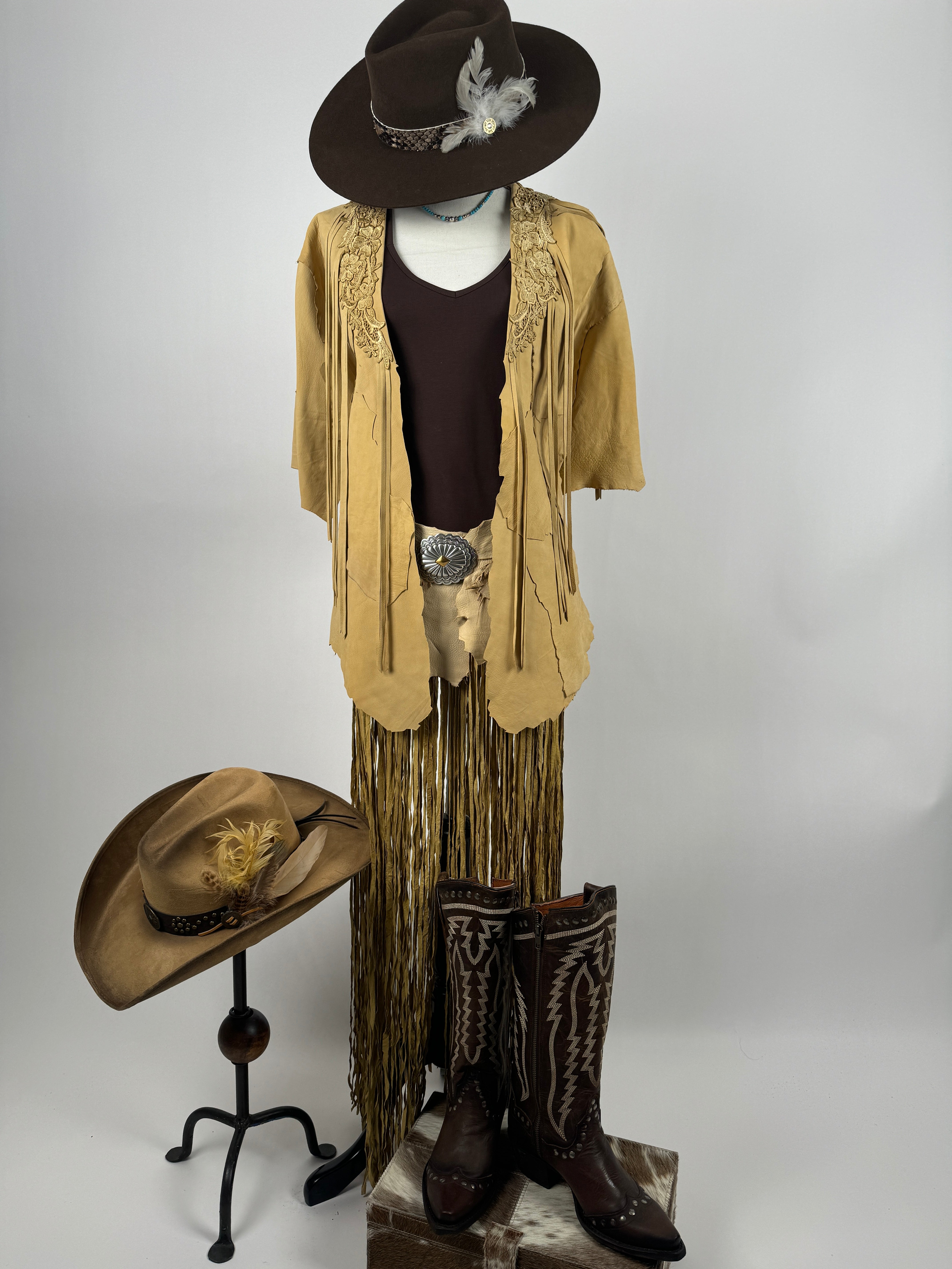 Ragged Leather Yoked Long Fringe Belt