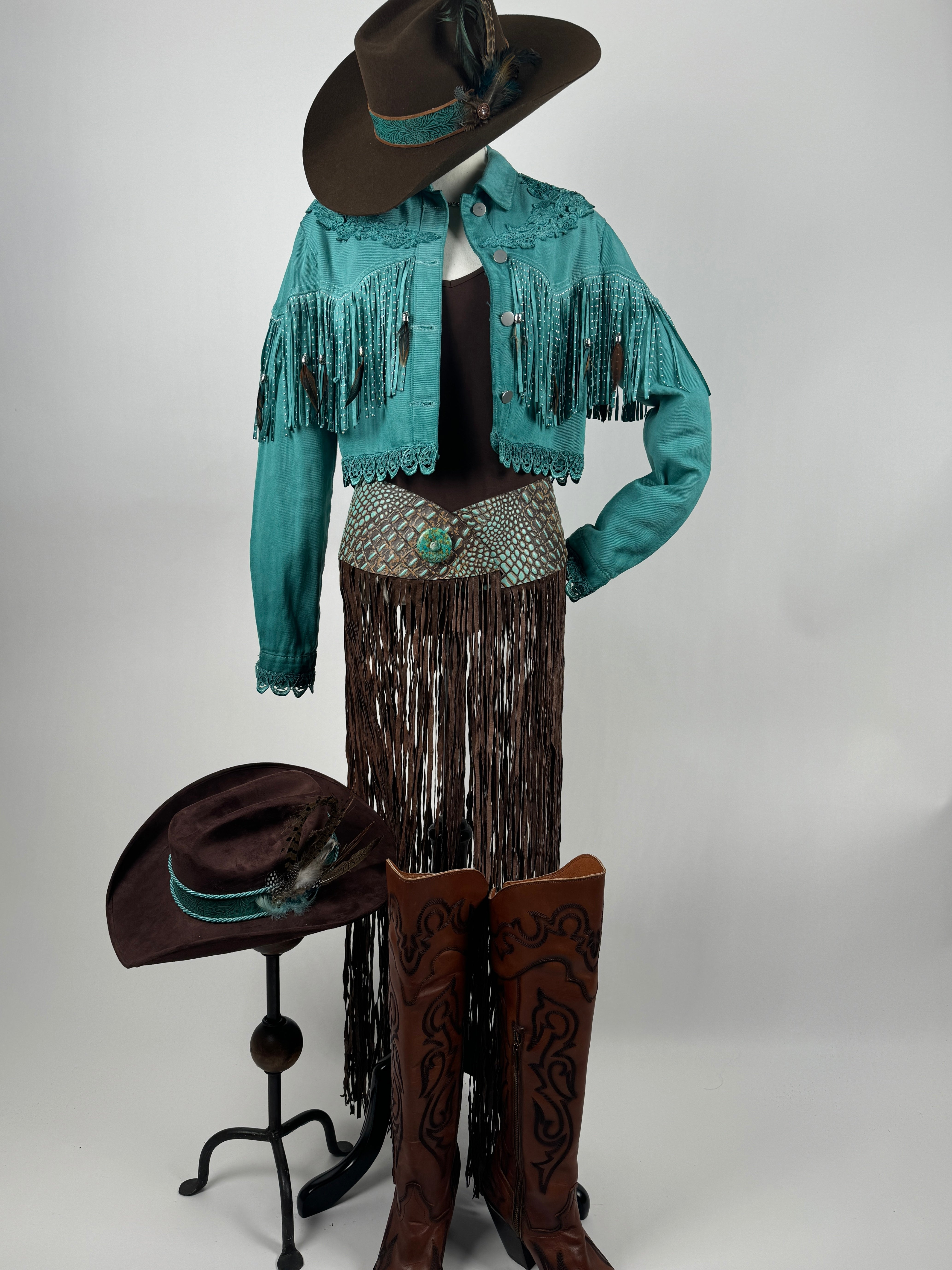 Turquoise Crocodile Long Fringe Belt