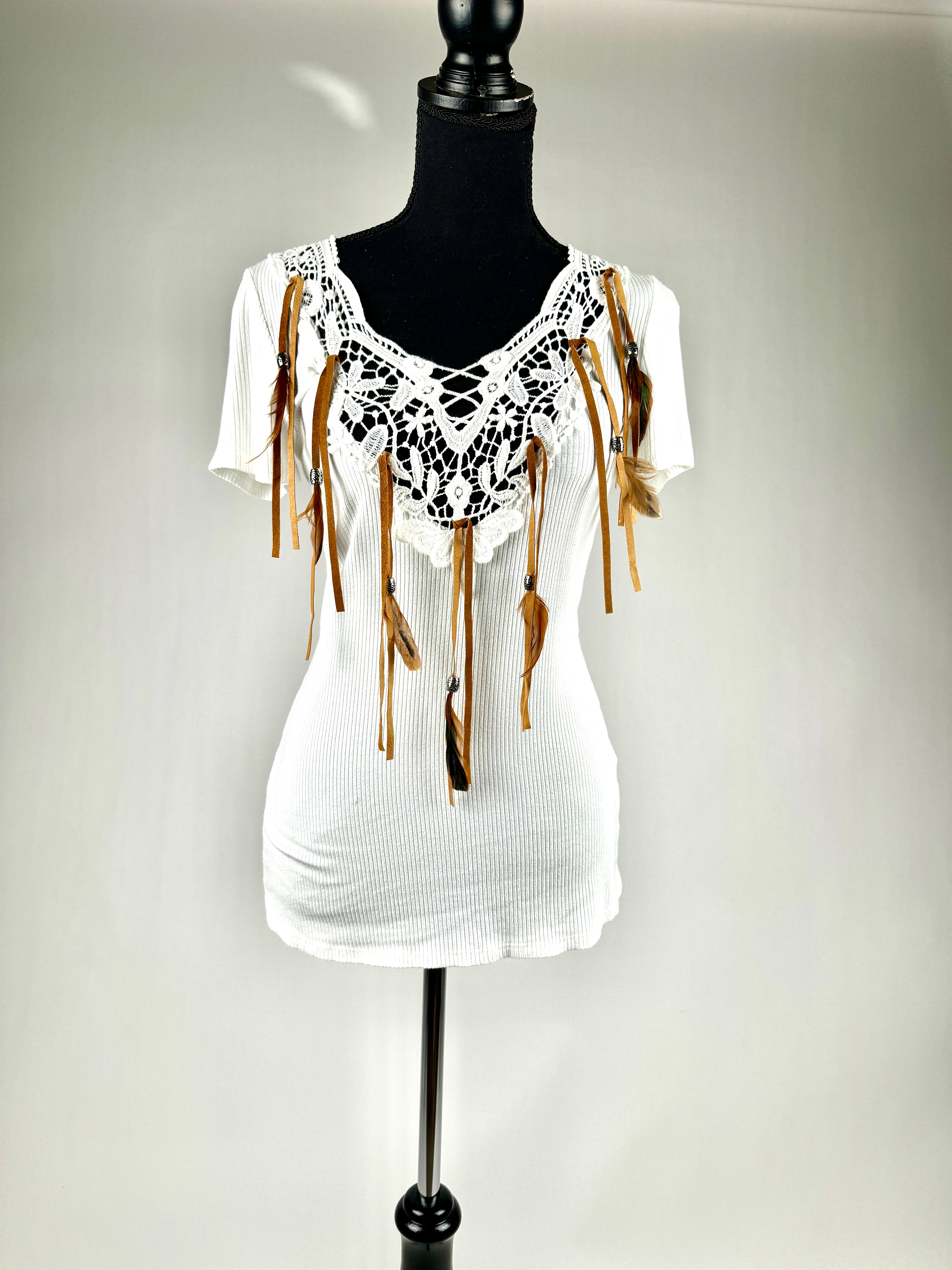 Ribbed Cotton Fringe T-Shirt