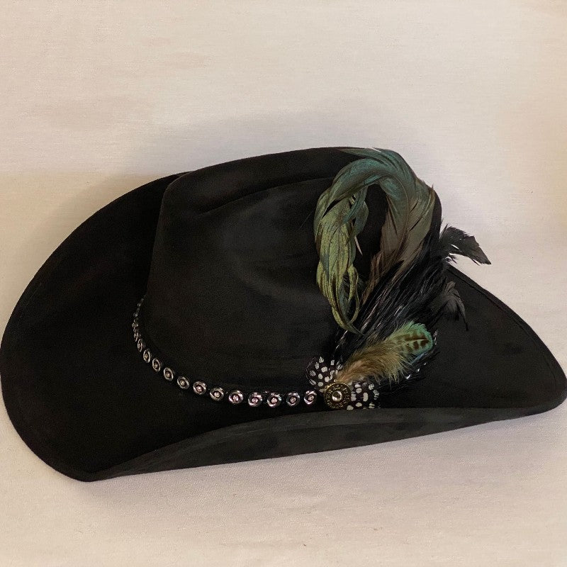 Annie - Vegan Suede Fashion Cowboy Hat With Custom Bling Trim And Feathers-Animo Hat Company