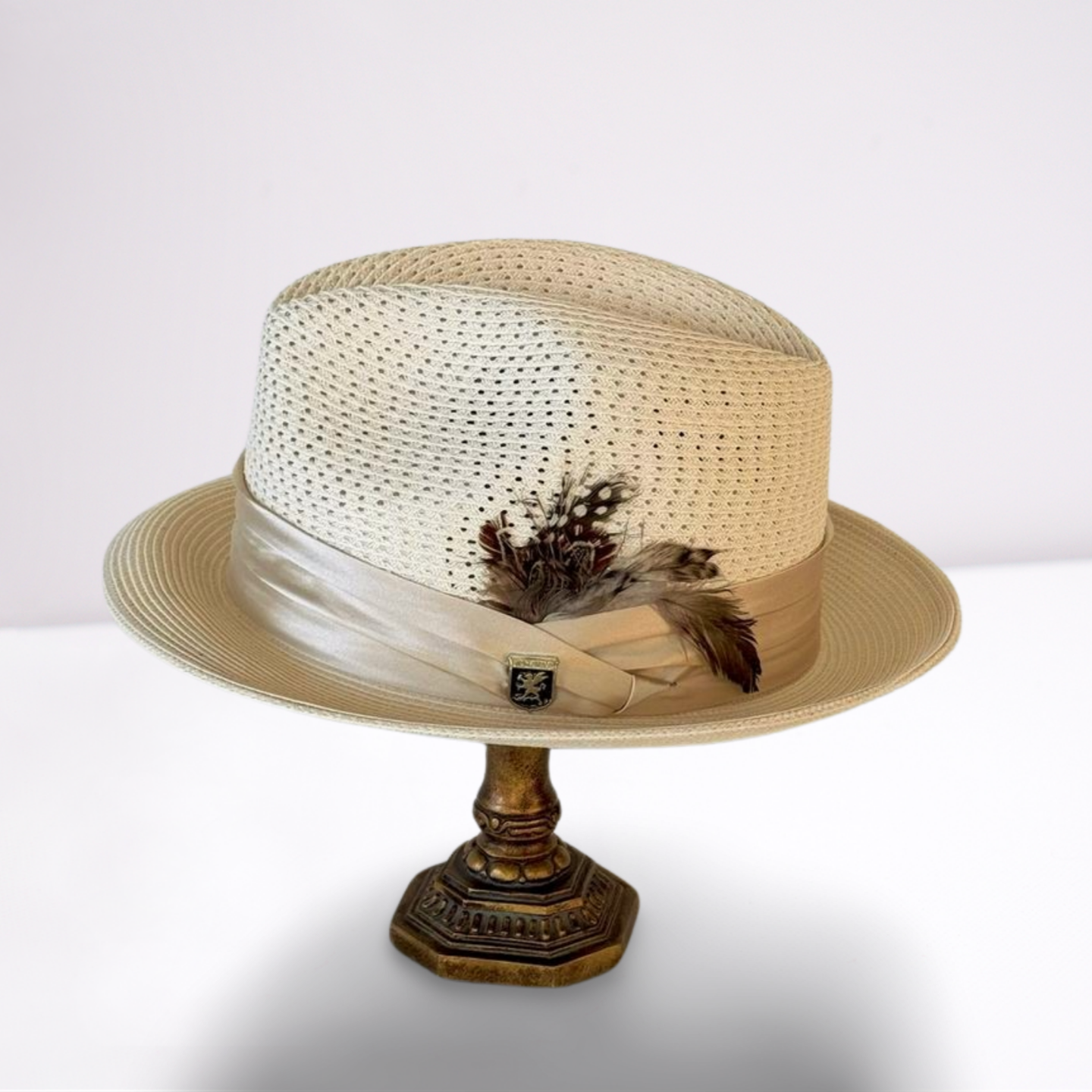 Cream Ribbon Band Mens Hat