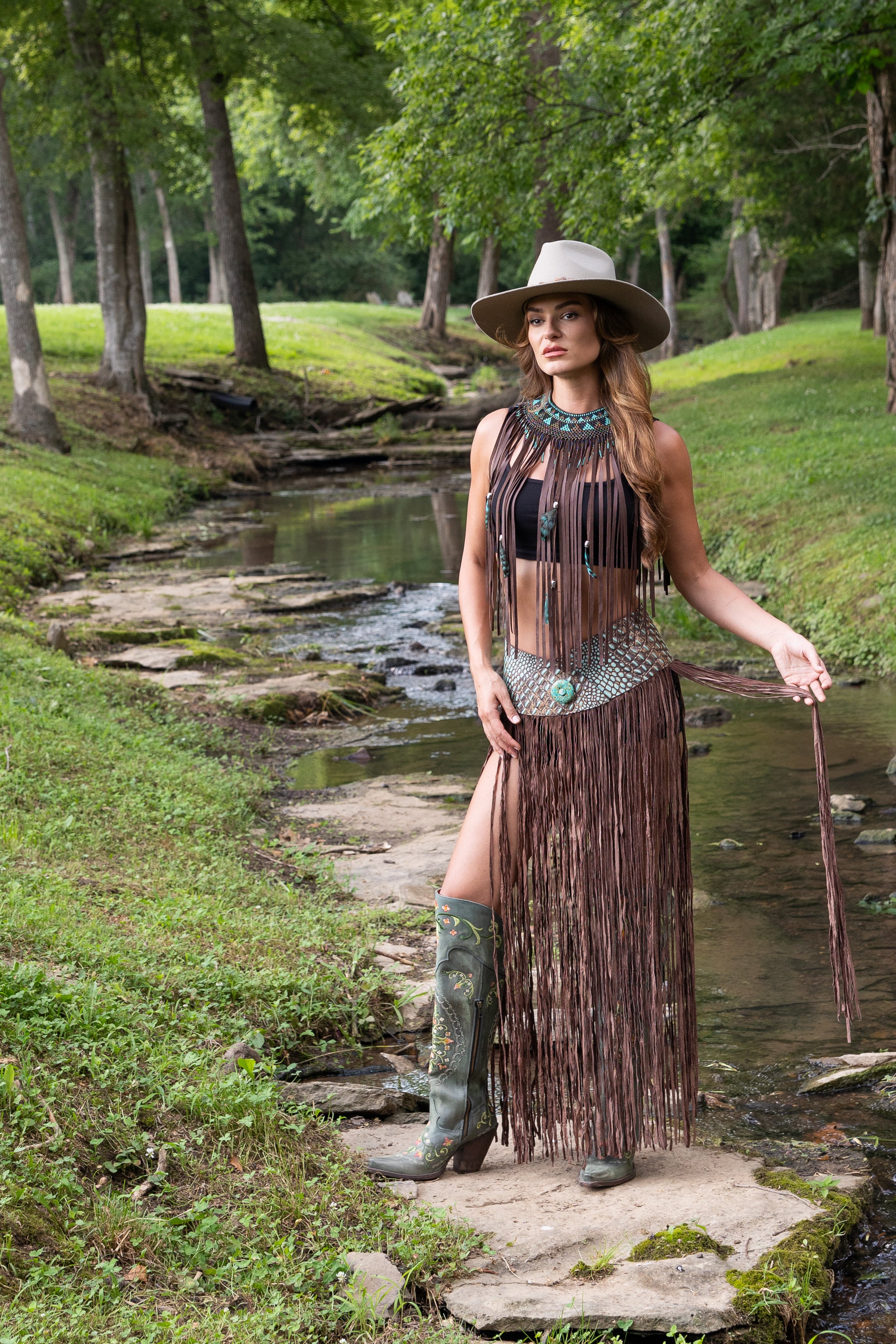 Turquoise Crocodile Long Fringe Belt