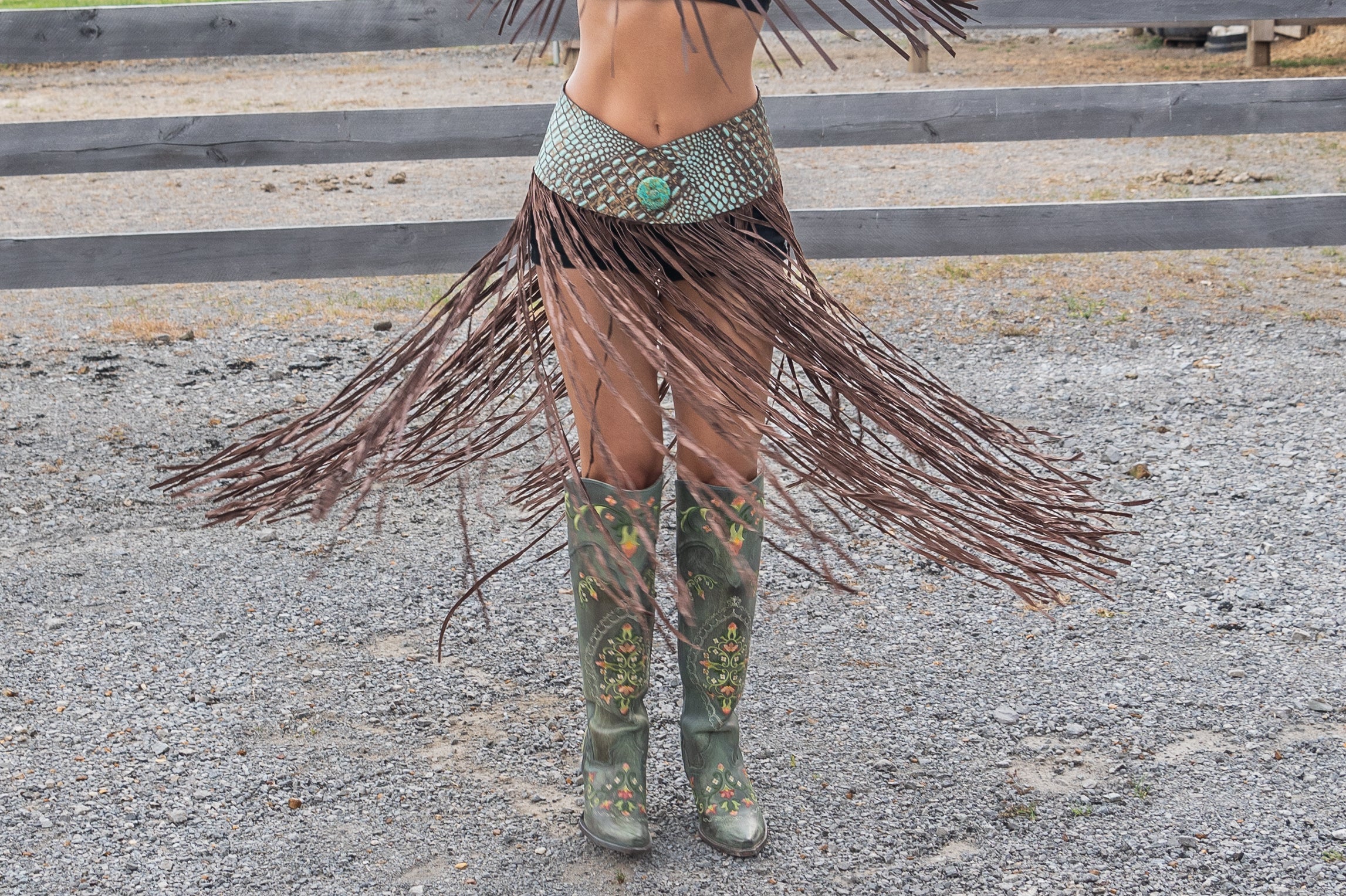 Turquoise Crocodile Long Fringe Belt