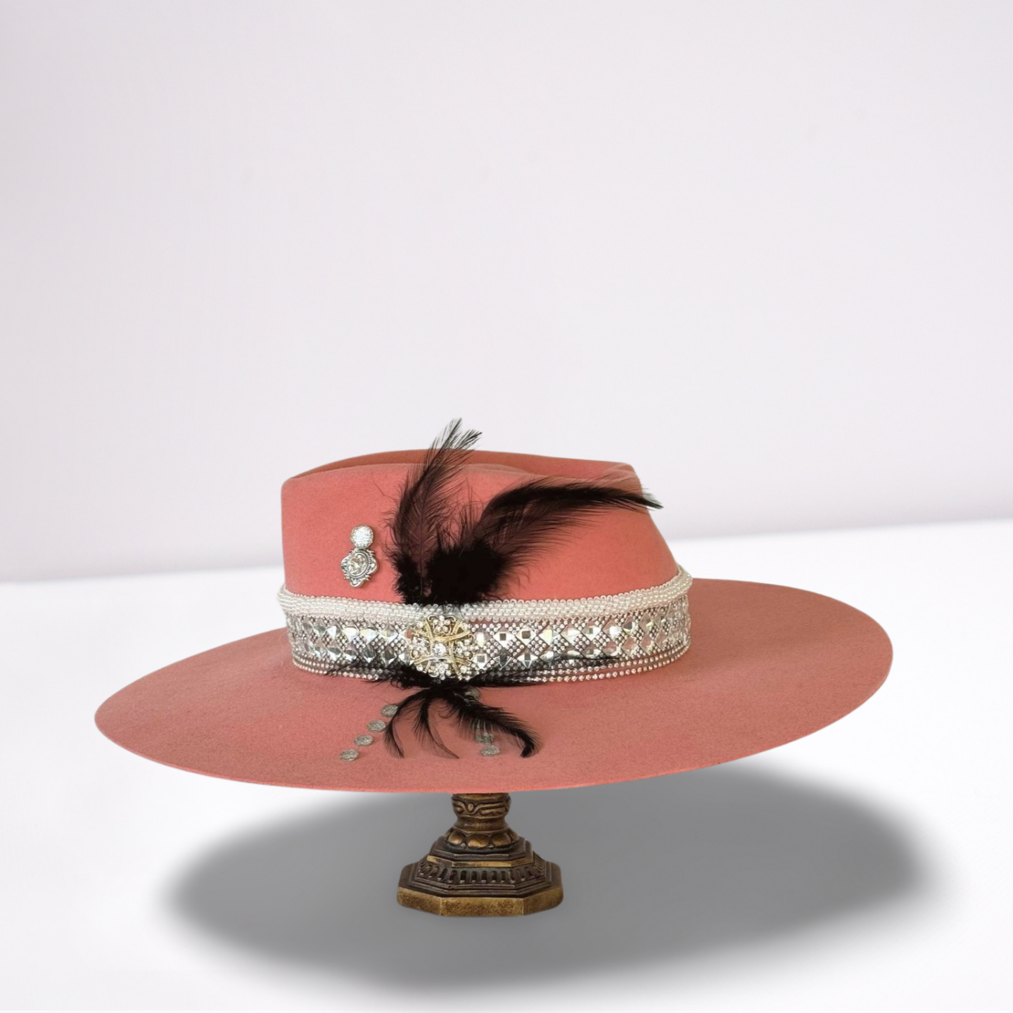 Pink Embellished Band Black Feather Rancher Hat