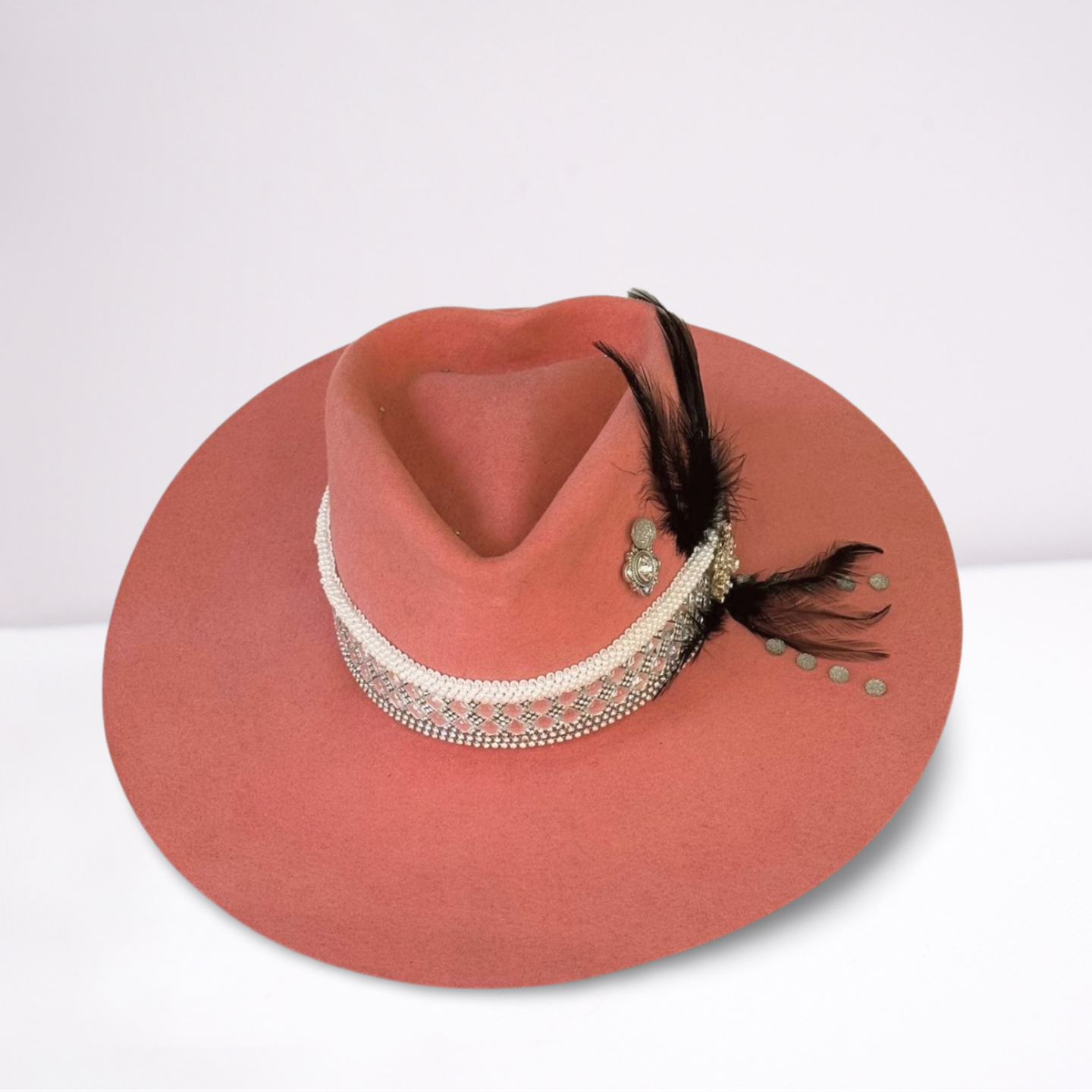 Pink Embellished Band Black Feather Rancher Hat
