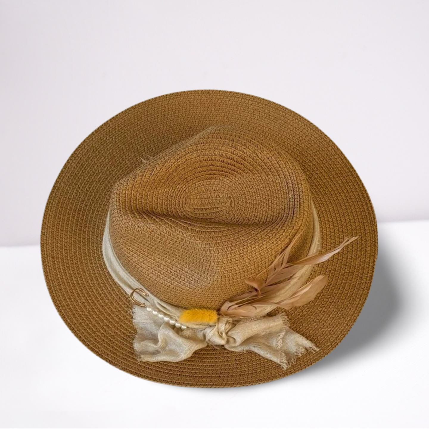 Cream Scarf with Pearl Pin Fedora Summer Hat