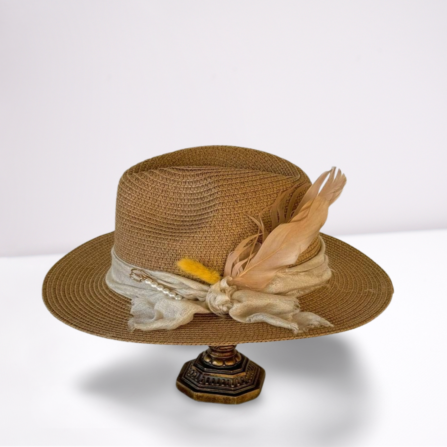 Cream Scarf with Pearl Pin Fedora Summer Hat