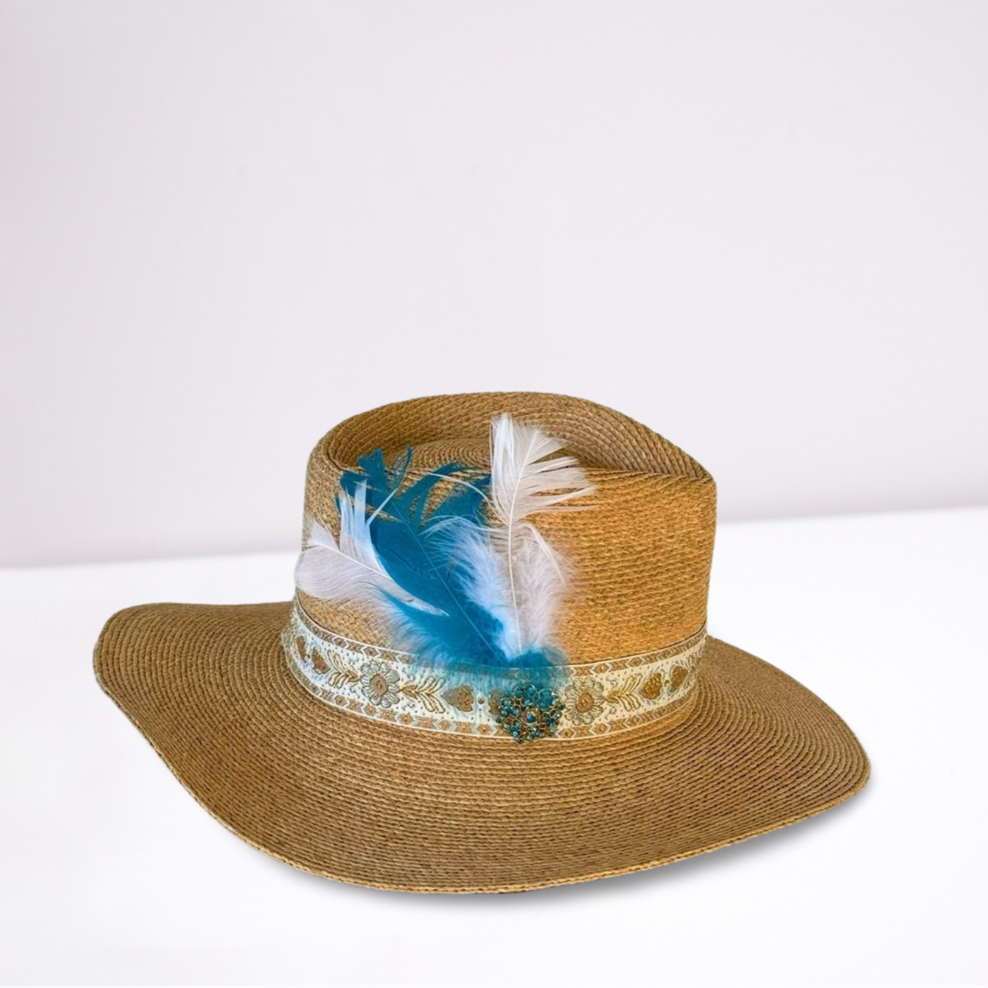 Ribbon Band Turquoise Feather Summer Hat