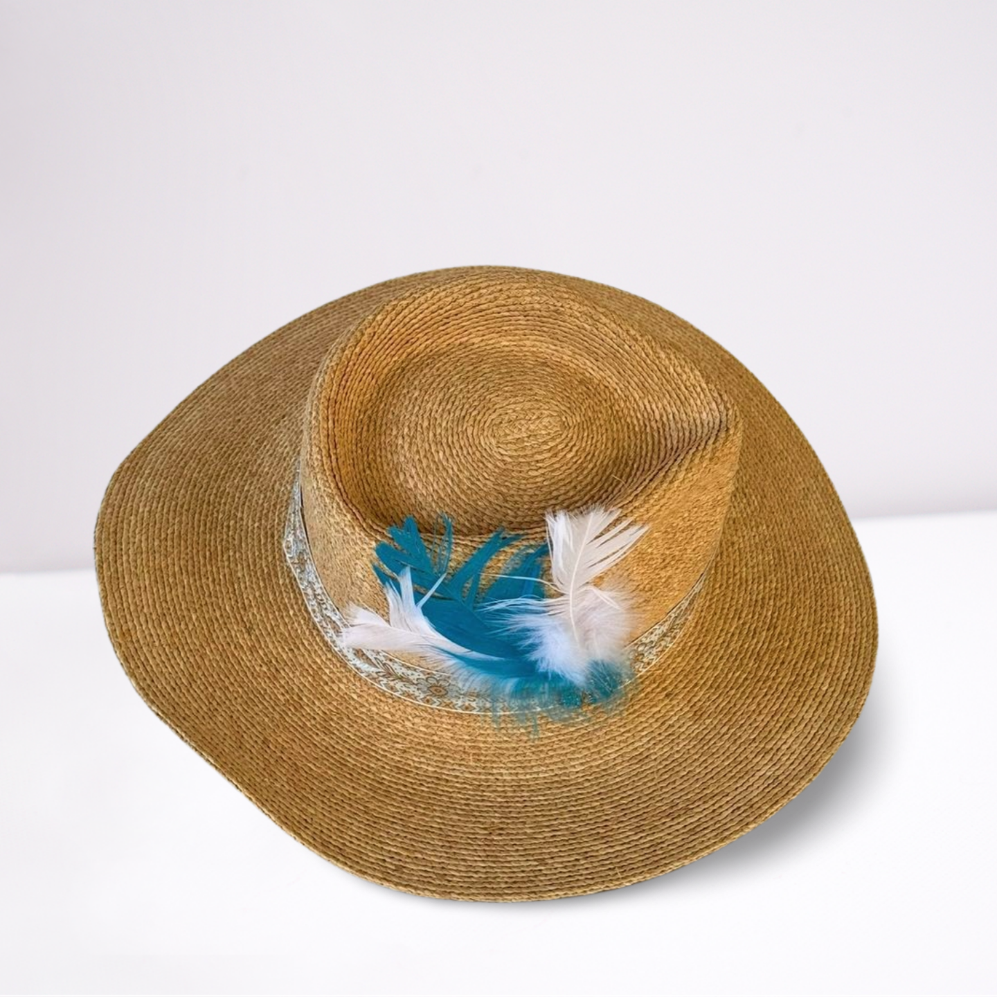 Ribbon Band Turquoise Feather Summer Hat