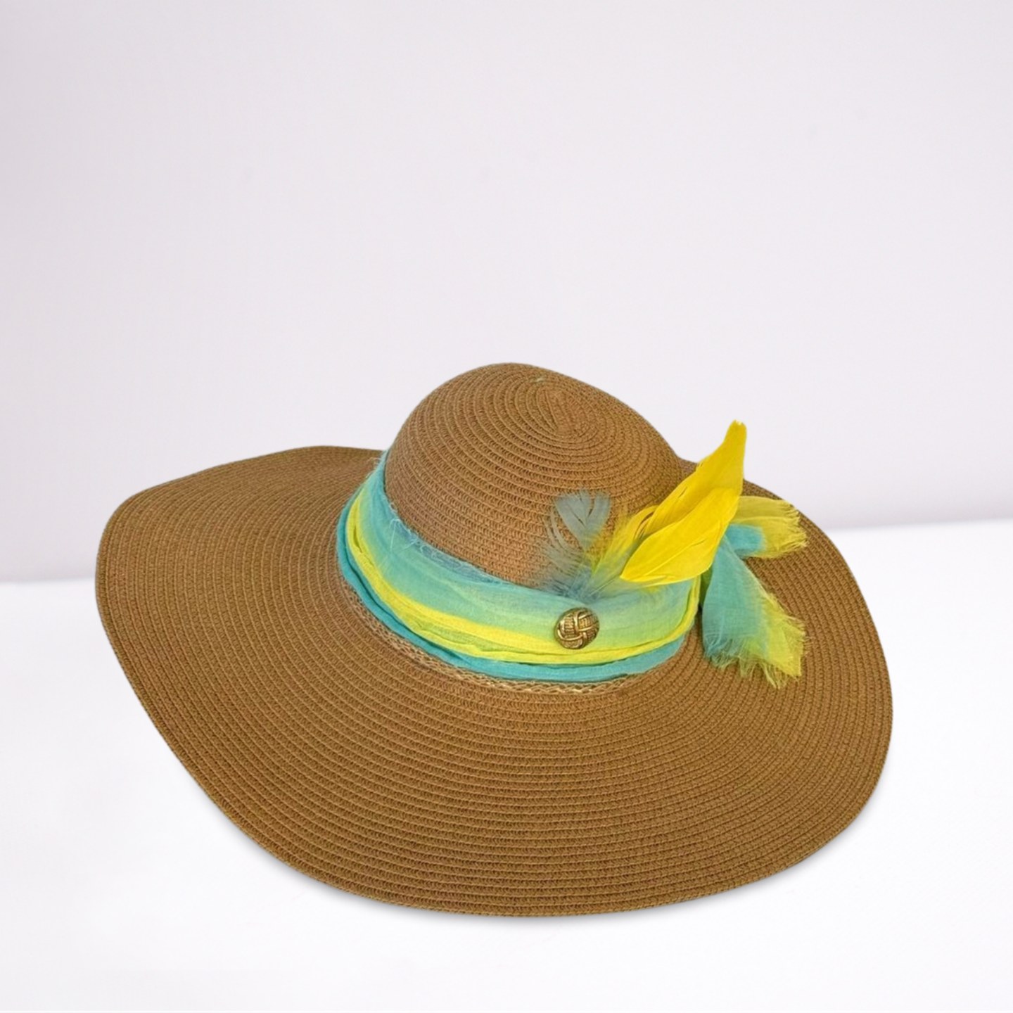 Aqua/Yellow Scarf Wide Brim Summer Hat