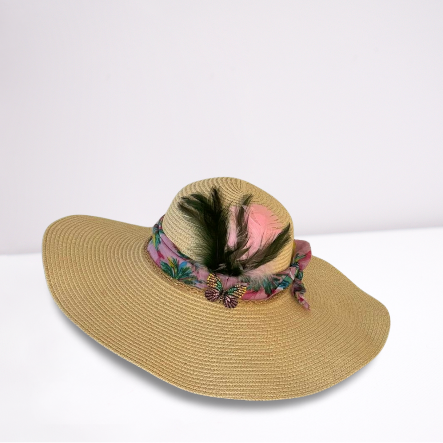 Pink Multi-Colored Scarf Wide Brim Summer Hat