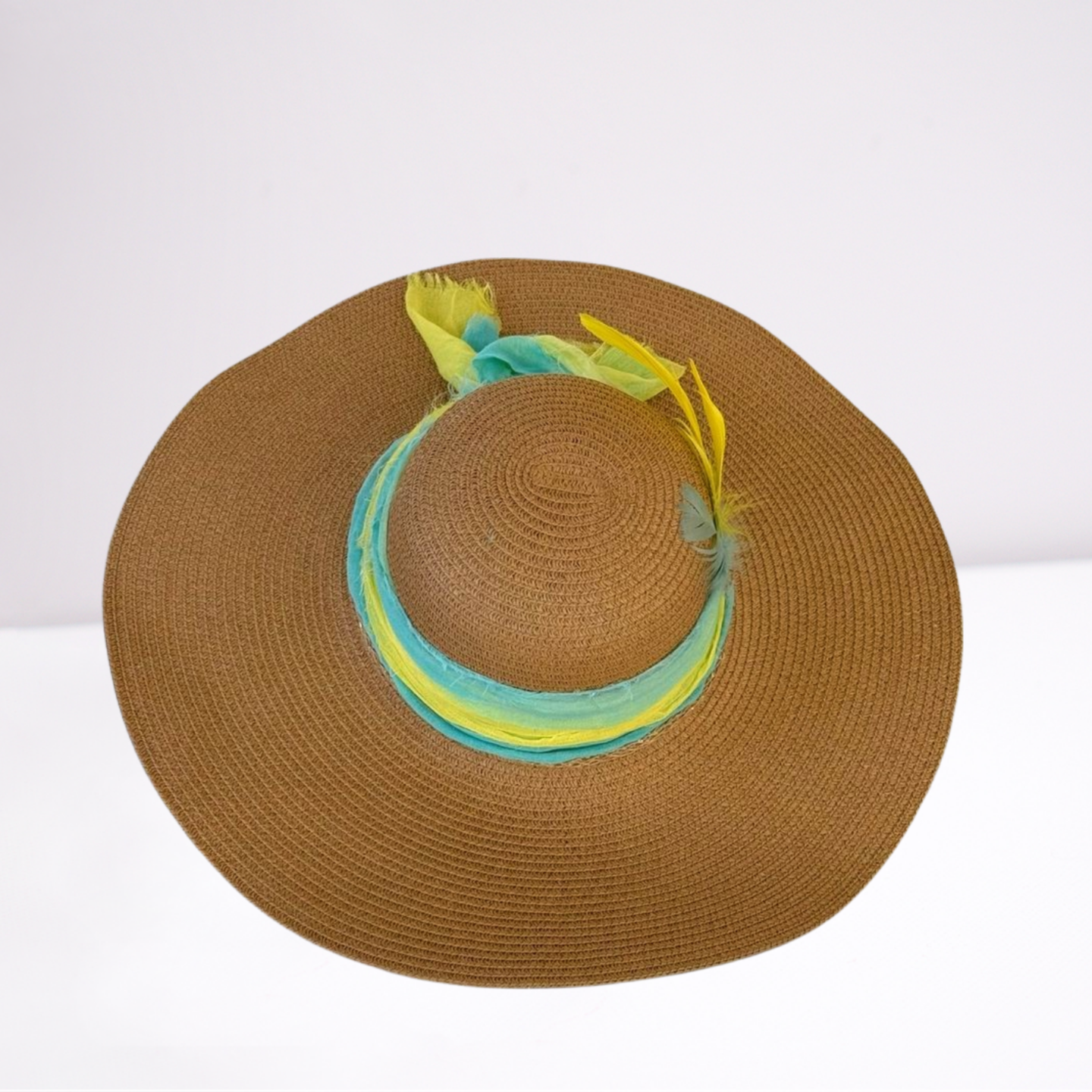 Aqua/Yellow Scarf Wide Brim Summer Hat