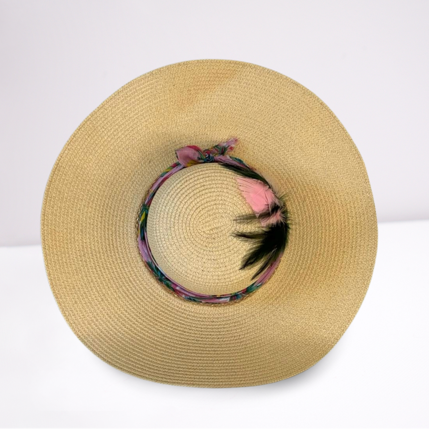 Pink Multi-Colored Scarf Wide Brim Summer Hat