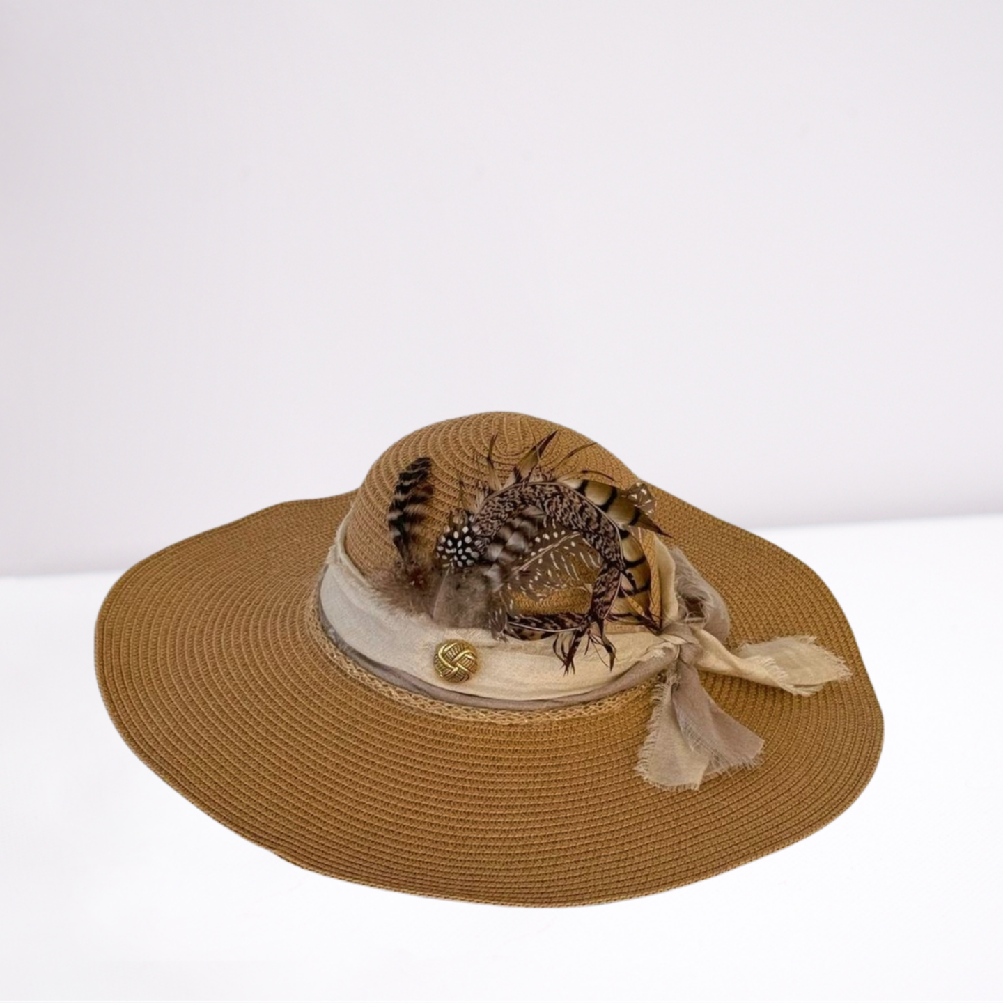 Cream/Taupe Scarf Wide Brim Summer Hat