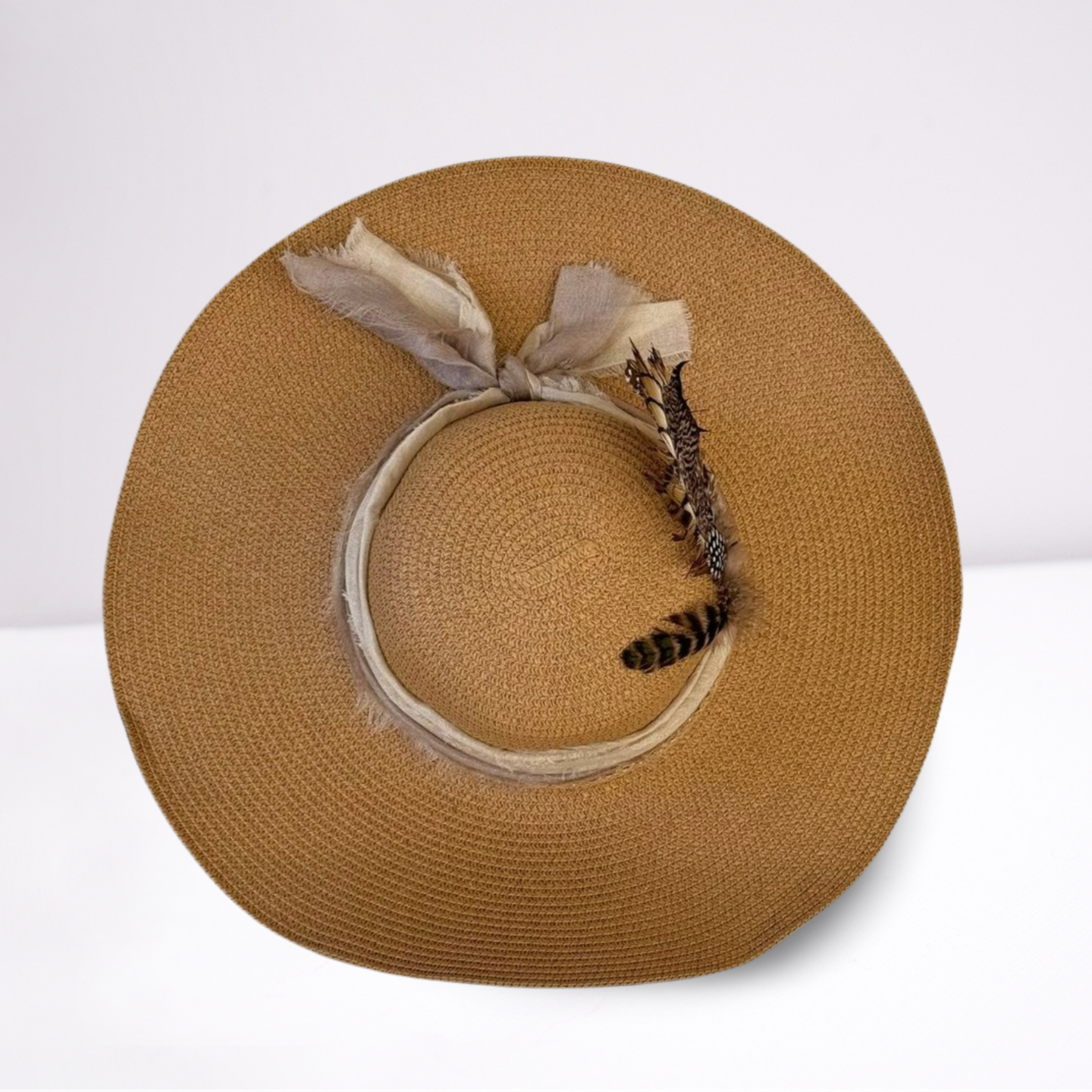 Cream/Taupe Scarf Wide Brim Summer Hat