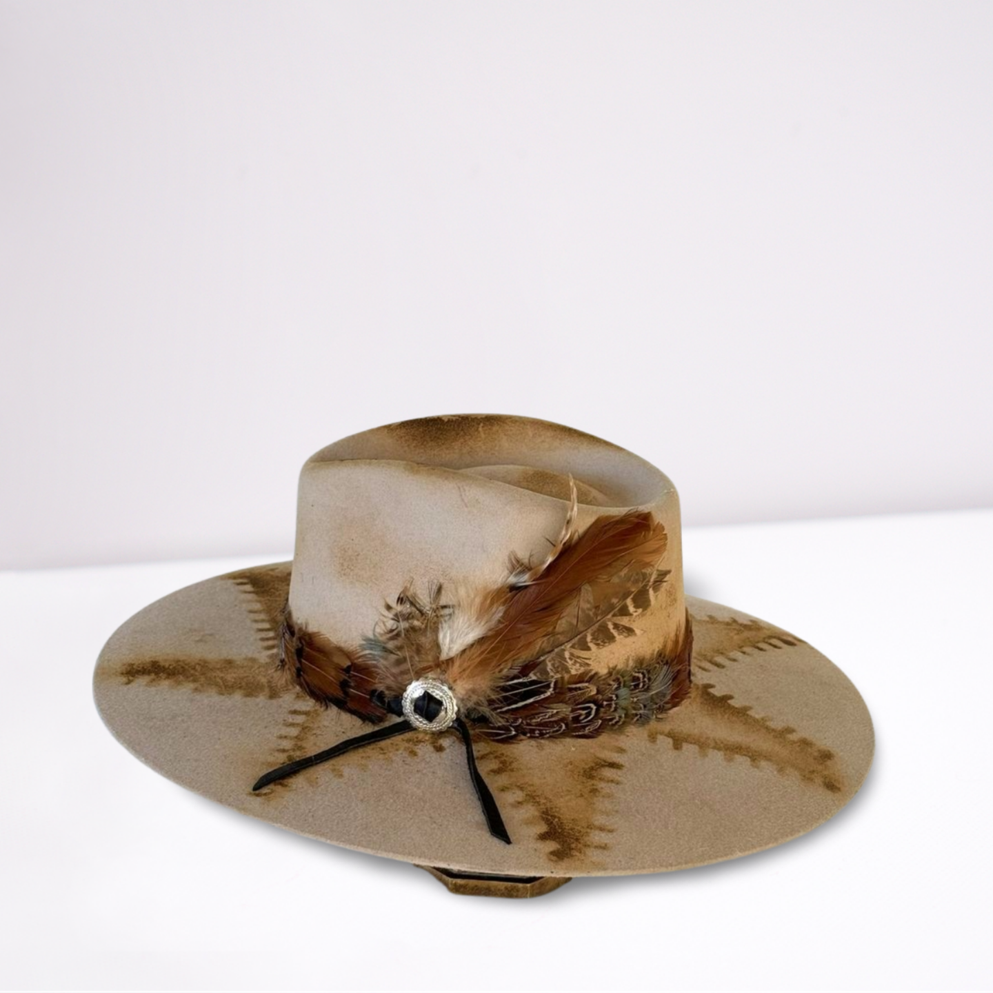 Twister Tan Distressed Feather Band Rancher Hat