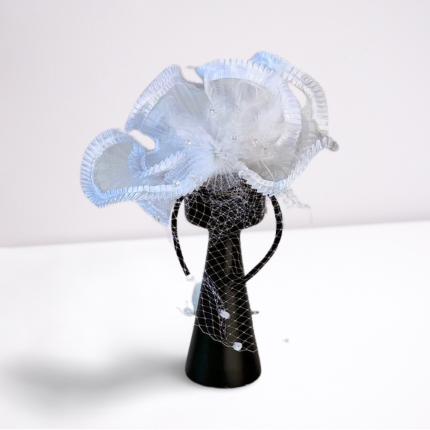 Ribbon Veil Fascinator White Derby Hat-Animo Hat Company