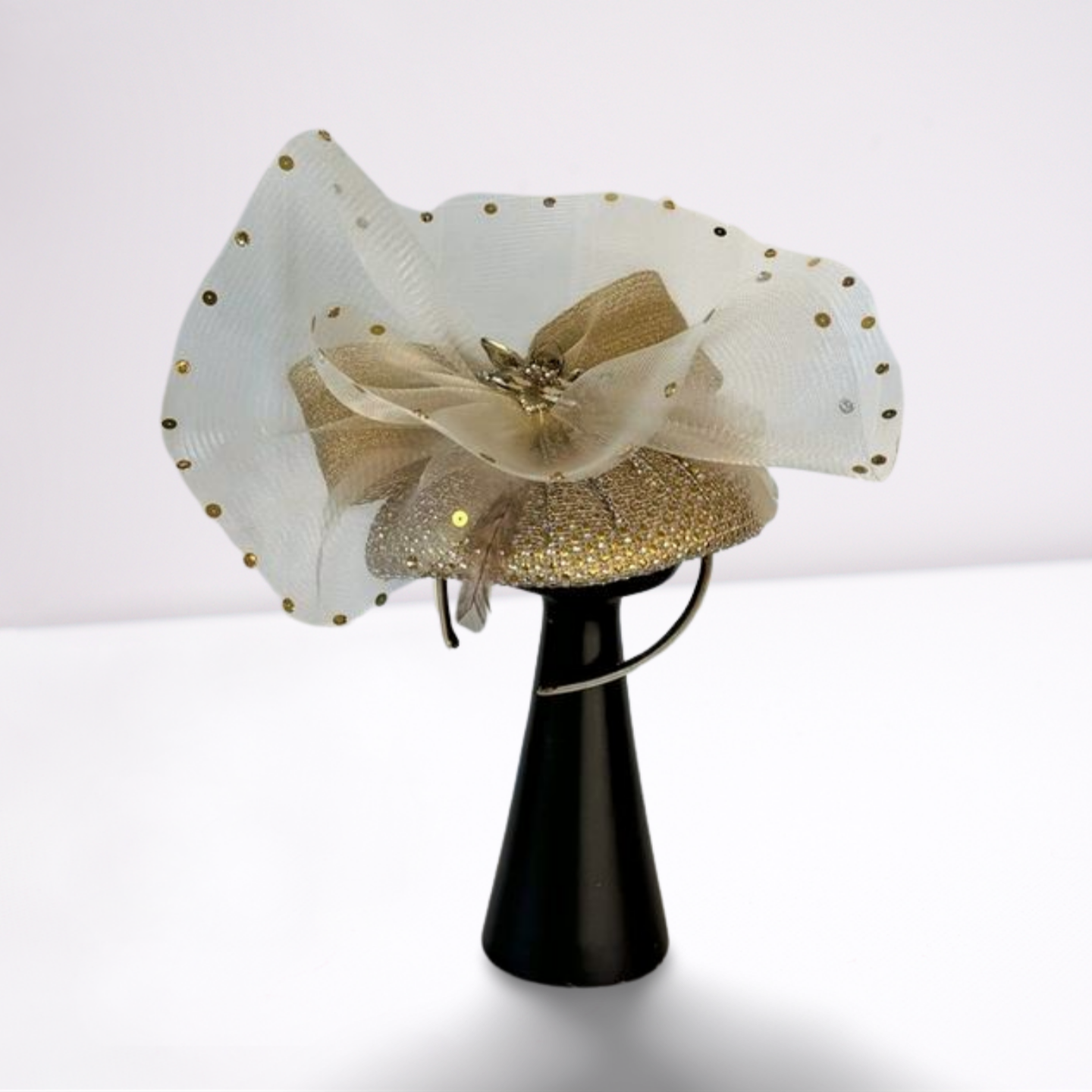 Gold Crystal Veil Fascinator Derby Hat-Animo Hat Company