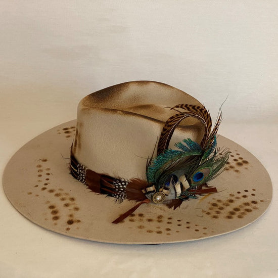 STRONG ENOUGH DISTRESSED FASHION WOOL FEDORA HAT WITH CIRCLE DESIGN, CONTINUOUS FEATHER BAND, PEACOCK FEATHERS AND SHOTGUN SHELL PIN-Animo Hat Company