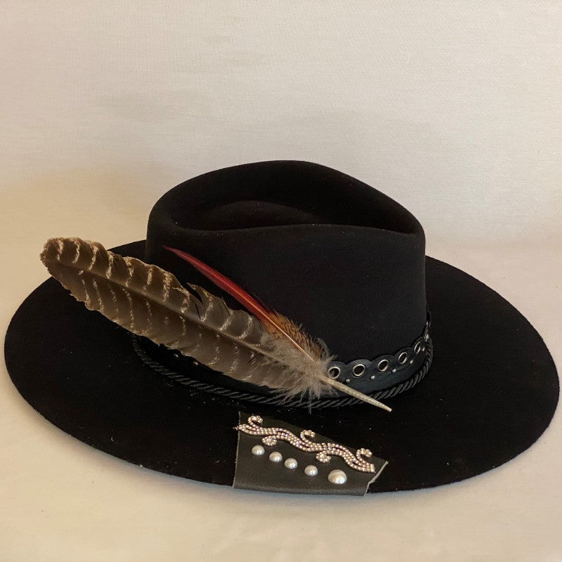 MAKE SOME THUNDER DISTRESSED FASHION WOOL FEDORA HAT WITH LEATHER RIVET BAND, LARGE FEATHER AND UPCYCLED LEATHER PATCH-Animo Hat Company