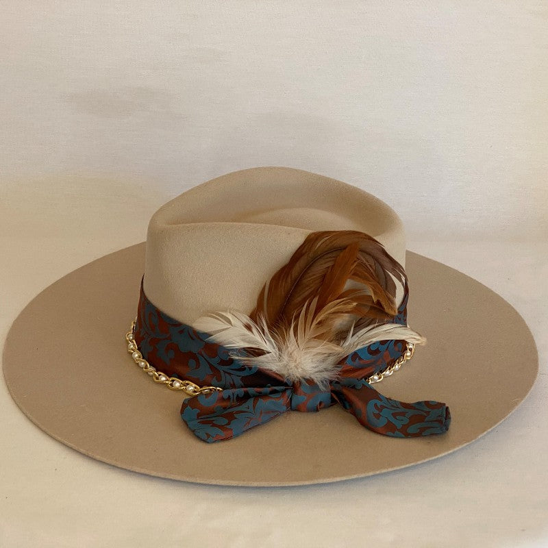Load image into Gallery viewer, SOLID AS A ROCK FASHION WOOL FEDORA HAT WITH JACQUARD SILK SCARF, FEATHERS AND PEARL CHAIN TRIM-Animo Hat Company