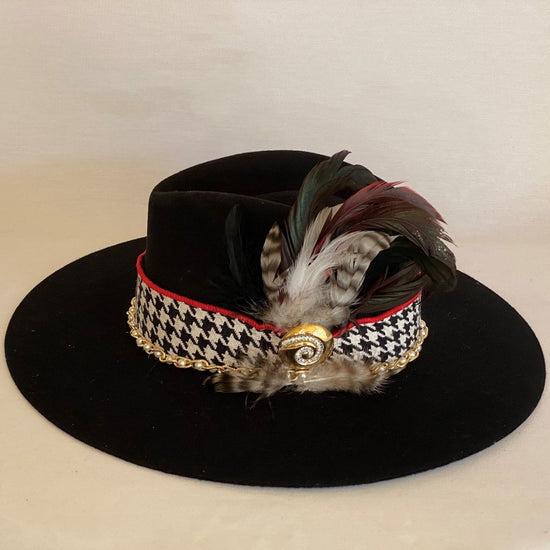 Load image into Gallery viewer, TIMELESS TREASURE FASHION WOOL FEDORA HAT WITH HOUNDSTOOTH PATTERN RIBBON, FEATHERS, BROOCH AND PEARL CHAIN-Animo Hat Company