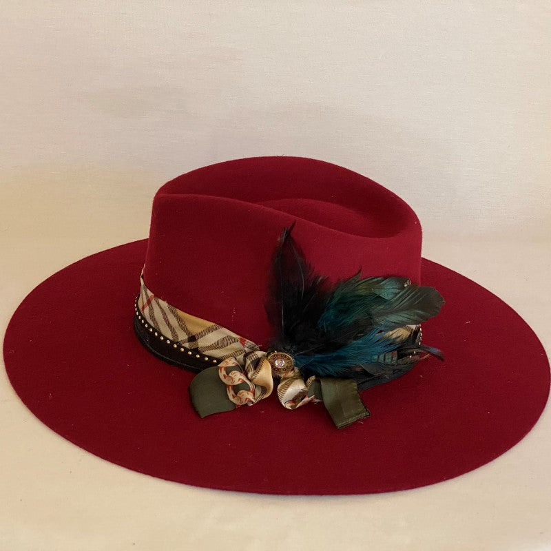KEEP IT CLASSY FASHION WOOL FEDORA HAT WITH BURBERRY STYLE SILK SCARF, FEATHERS AND SHOTGUN SHELL PIN-Animo Hat Company