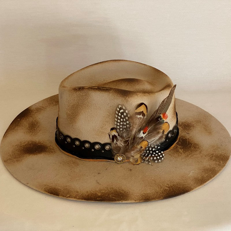 MAKE SOME THUNDER DISTRESSED FASHION WOOL FEDORA HAT WITH LEATHER RIVET BAND, FEATHERS AND SHOTGUN SHELL PIN-Animo Hat Company
