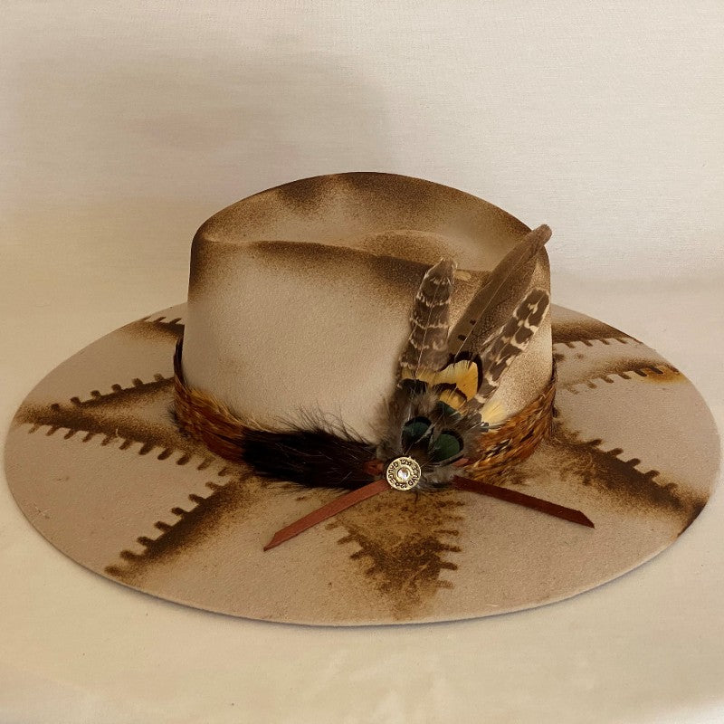 STRONG ENOUGH DISTRESSED FASHION WOOL FEDORA HAT WITH GEOMETRIC DESIGN, CONTINUOUS FEATHER BAND, FEATHERS AND SHOTGUN SHELL PIN-Animo Hat Company
