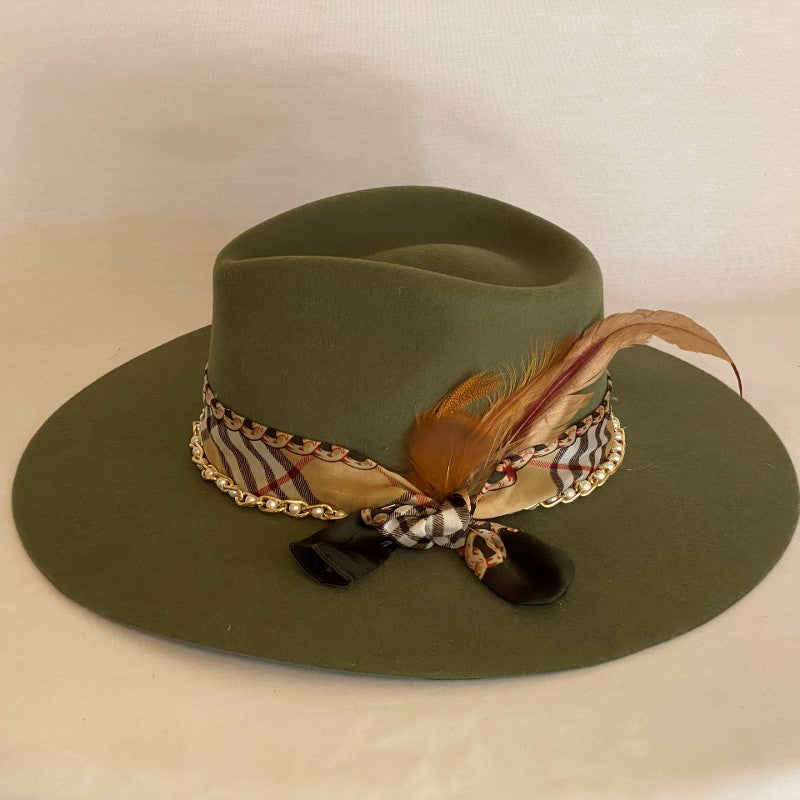 KEEP IT CLASSY FASHION WOOL FEDORA HAT WITH BURBERRY STYLE SILK SCARF, FEATHERS AND PEARL CHAIN-Animo Hat Company