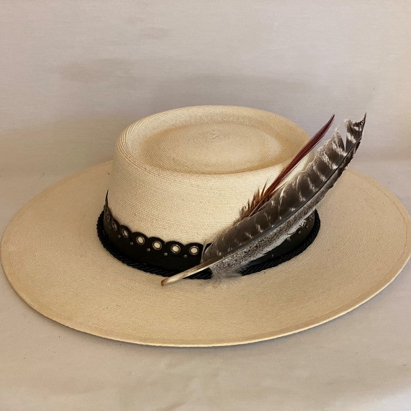 Load image into Gallery viewer, MAKE SOME THUNDER 15X NATURAL STRAW FEDORA HAT, PORK PIE STYLE CROWN WITH LEATHER RIVET BAND AND LARGE FEATHER-Animo Hat Company